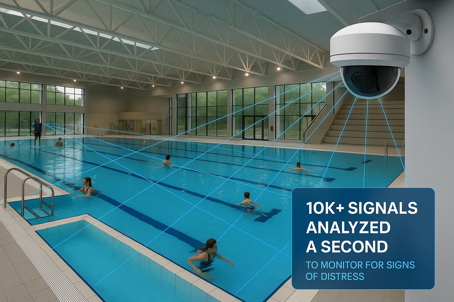 Pool monitoring interface showing swimmers with detection zones