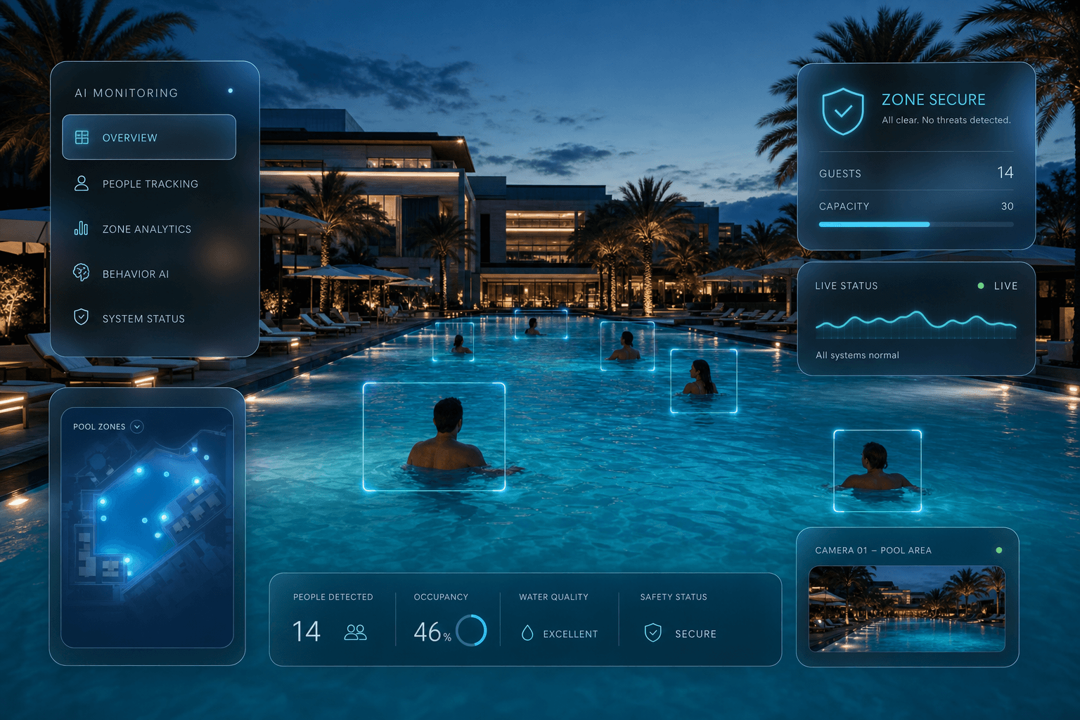 Pool Angel AI pool safety camera monitoring a luxury resort pool with live zone overlays