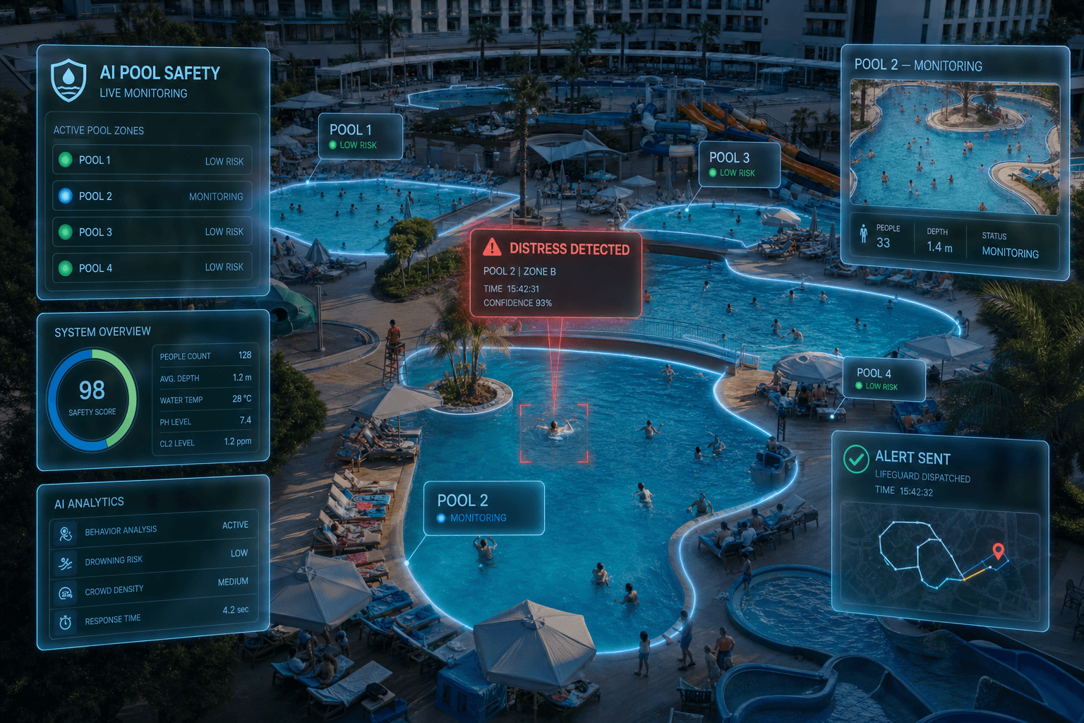 Pool Angel detecting distress at a multi-pool hotel waterpark and dispatching an alert